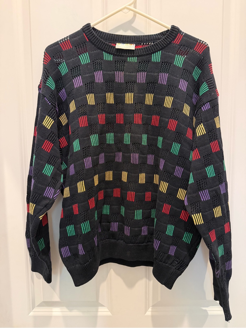 Vintage 90s Coogi Style 3D Knit Checker Sweater Multi Hip Hop Cosby Pullover Med